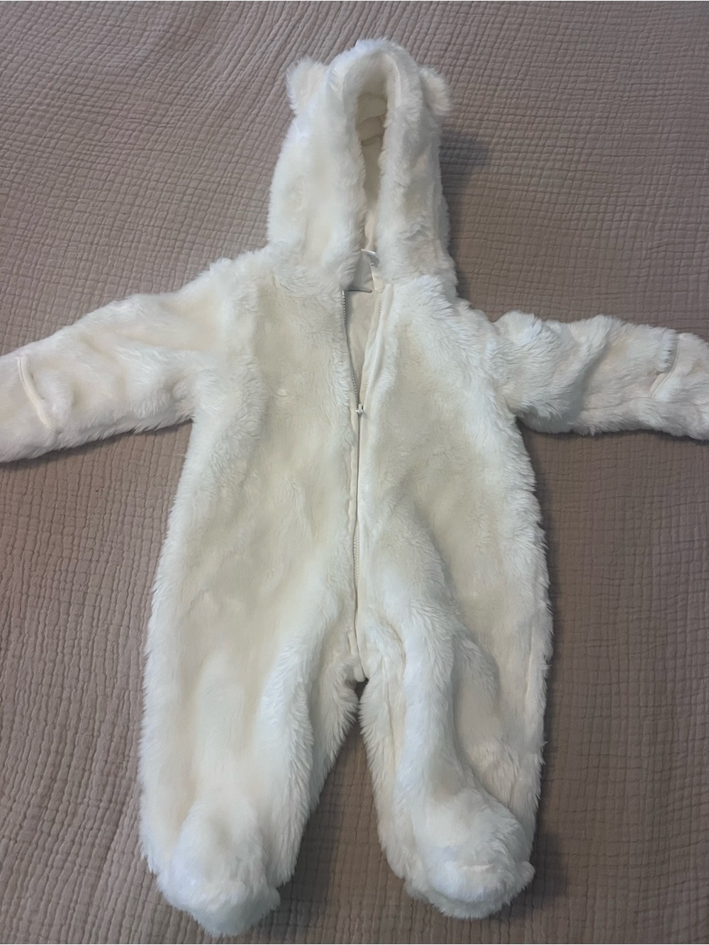 First Impressions Cream Faux-Fur Hooded Baby Footie nwot